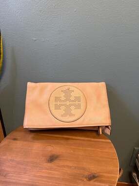 Tory Burch Marion Foldover Clutch Leather Bag Beige